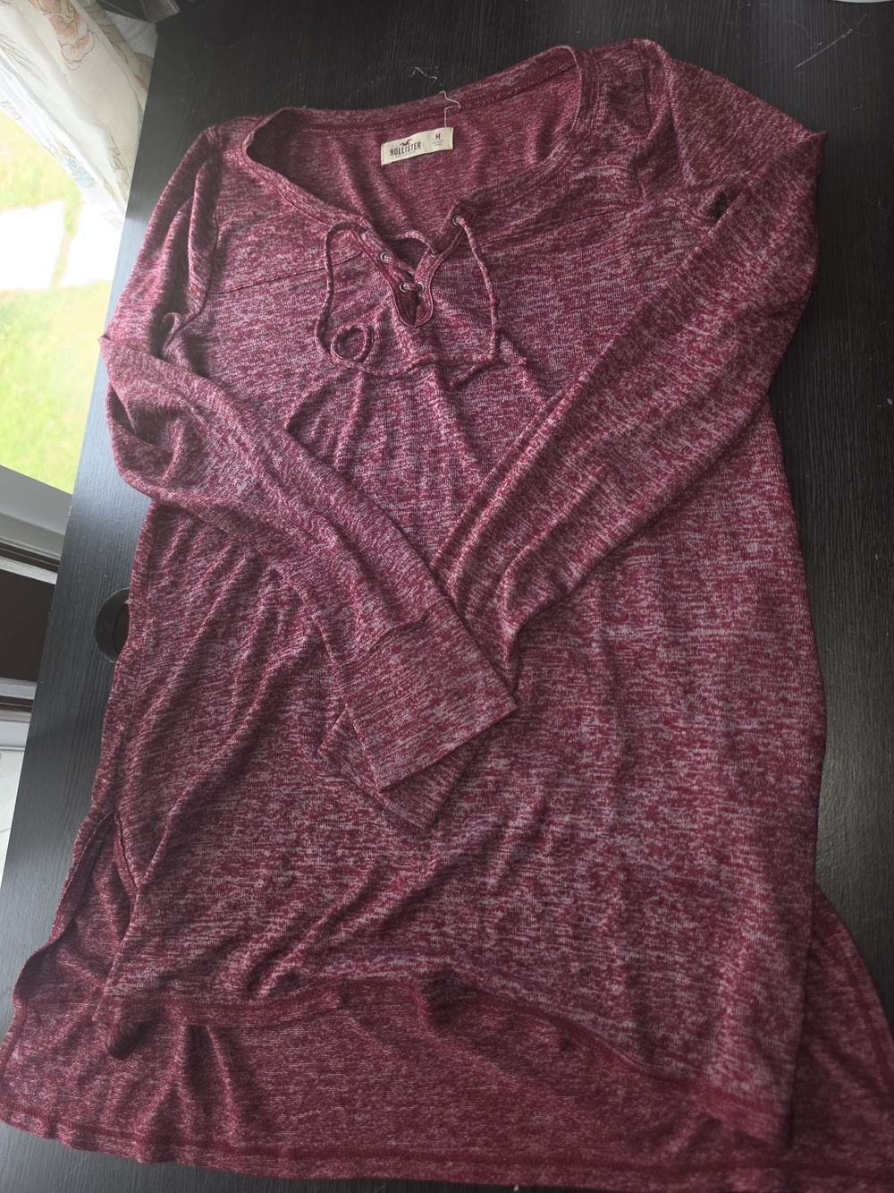 Hollister Marled Burgundy Long Sleeve Lace-Up Top - Picture 1 of 3